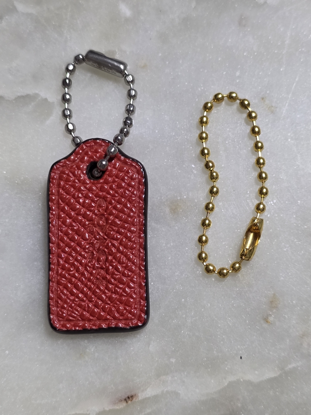 Coach Mini Coral Red Pebbled Leather Hangtag with Silver & Spare Gold Ball Chain